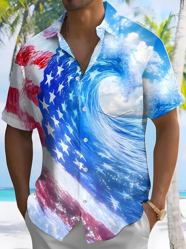 Hawaiian Flag Wave Print Men's Button Pocket Short Sleeve Shirt Big & Tall
