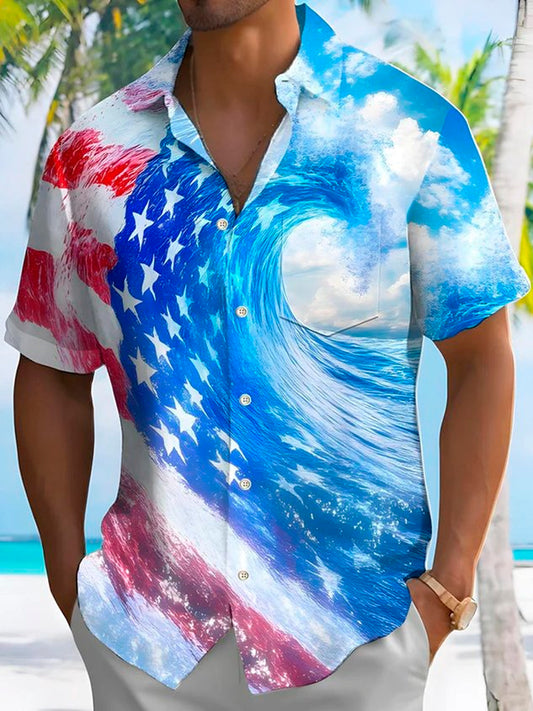 Hawaiian Flag Wave Print Men's Button Pocket Short Sleeve Shirt Big & Tall
