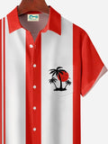 Vintage Striped Coconut Tree Print Men's Button Pocket Short Sleeve Shirt Big & Tall