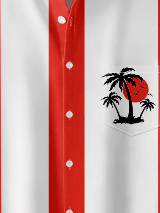 Vintage Striped Coconut Tree Print Men's Button Pocket Short Sleeve Shirt Big & Tall