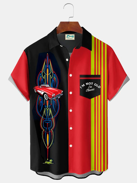 Vintage Car Pinstripe Print Men's Button Pocket Short Sleeve Shirt Big & Tall