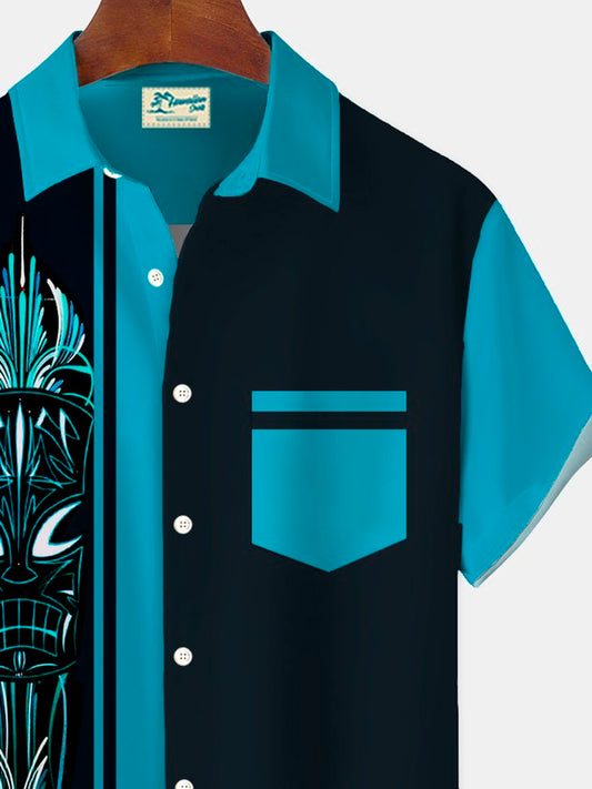 Vintage Tiki Pinstriped Print Men's Button Pocket Short Sleeve Shirt Big & Tall