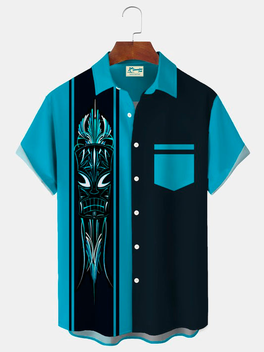 Vintage Tiki Pinstriped Print Men's Button Pocket Short Sleeve Shirt Big & Tall