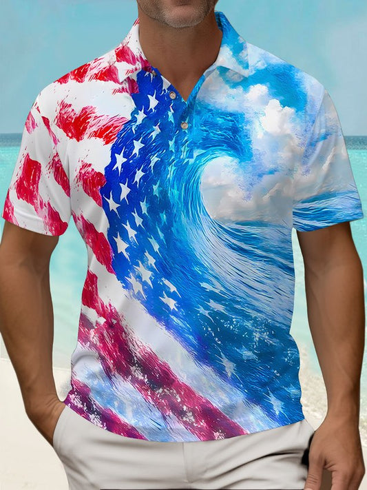 Hawaiian American Flag Wave Print Men's Button Short Sleeve Polo Shirt Big & Tall