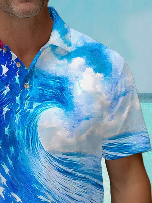 Hawaiian American Flag Wave Print Men's Button Short Sleeve Polo Shirt Big & Tall