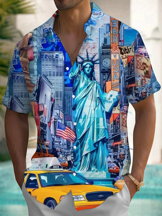 American Flag Statue of Liberty Print Men's Button Pocket Short Sleeve Shirt