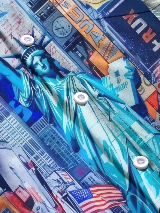 American Flag Statue of Liberty Print Men's Button Pocket Short Sleeve Shirt