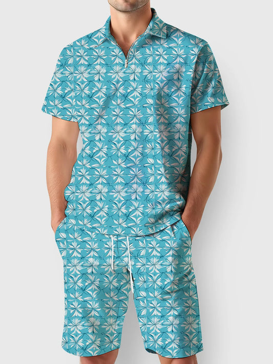 Casual Floral Print Stretch Men's Short Sleeve Polo Shirt Set