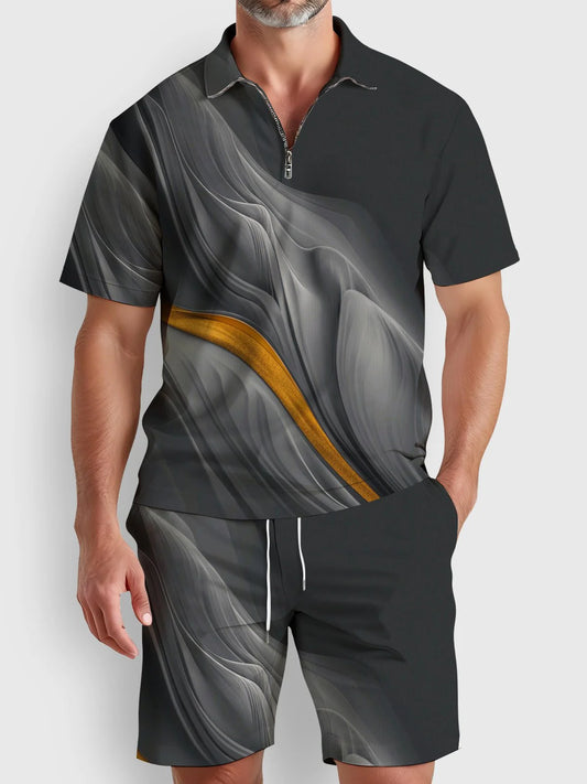 Gradient Abstract Print Art Zipper Elastic Men's Short Sleeve Polo Shirt Set