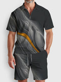 Gradient Abstract Print Art Zipper Elastic Men's Short Sleeve Polo Shirt Set