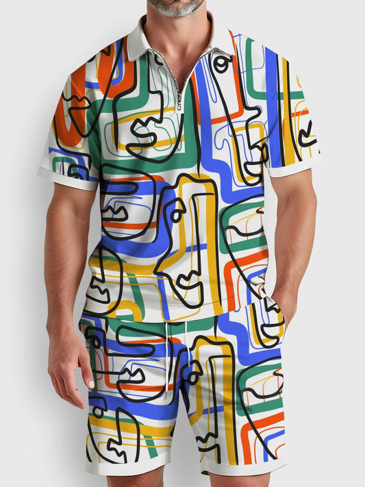 Graffiti  Print Art Zipper Elastic Men's Short Sleeve Polo Shirt Set