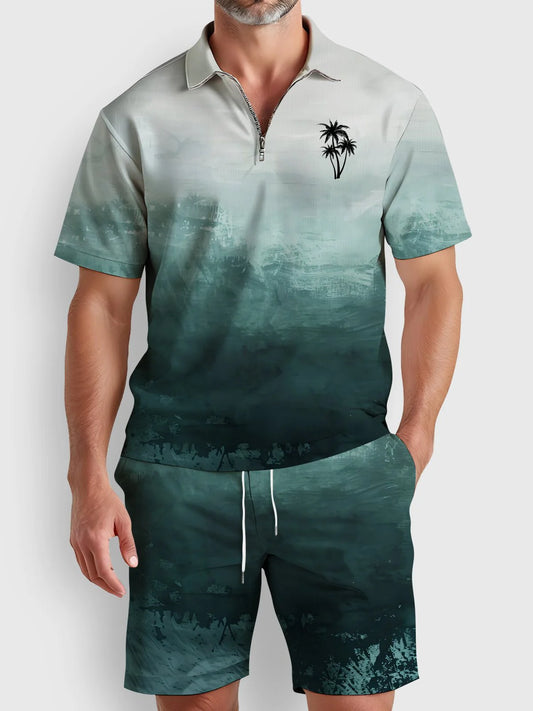 Palm Tree Zipper Elastic Men's Short Sleeve Polo Shirt Set