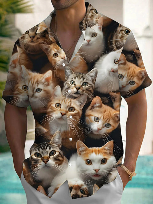 Cat Print Men's Button Pocket Short Sleeve Shirt