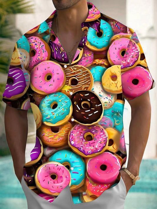 Donut Print Men's Button Pocket Short Sleeve Shirt