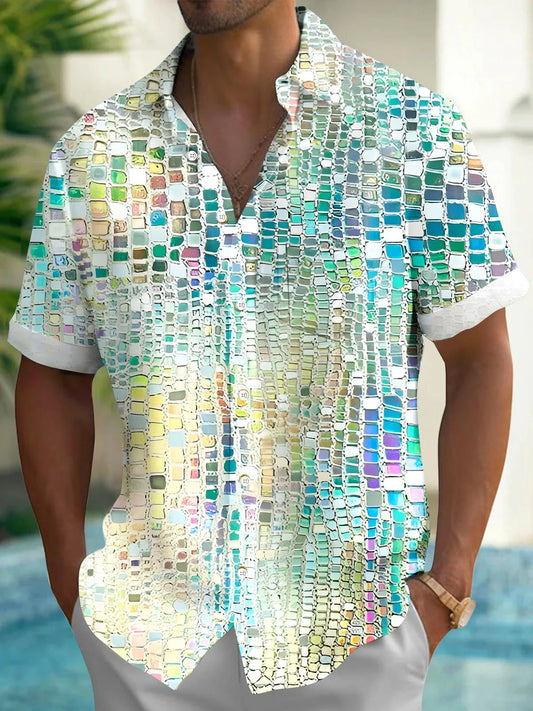 Gradient Abstract Print Men's Button Pocket Short Sleeve Shirt