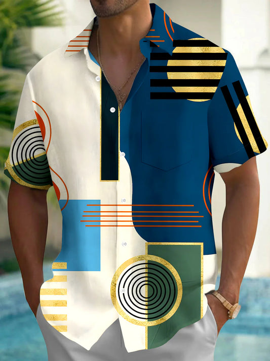Geometry Print Men's Button Pocket Short Sleeve Shirt