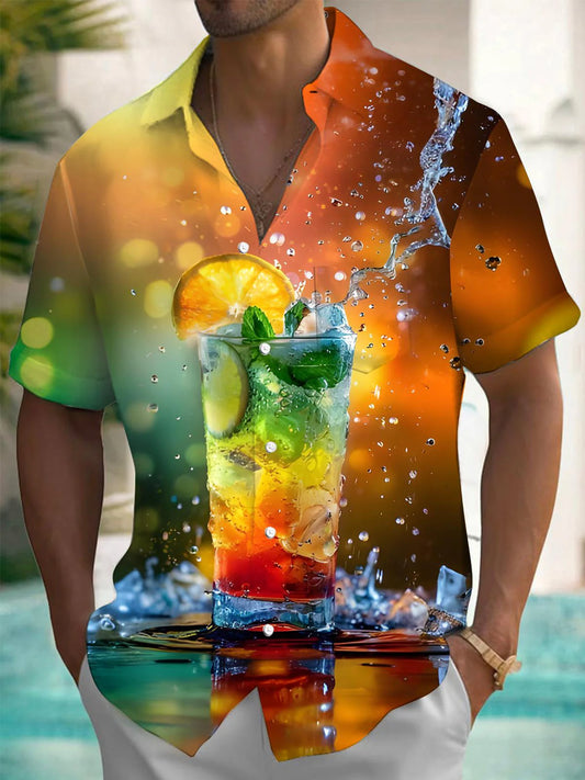 Hawaiian Cocktail Print Men's Button Pocket Short Sleeve Shirt