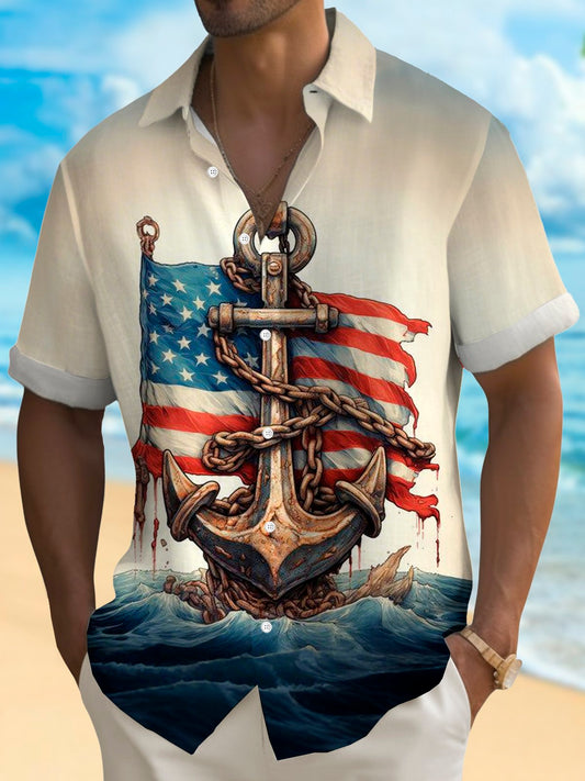 Independence Day Print Men's Button Pocket Short Sleeve Shirt