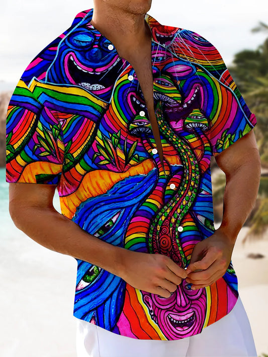 Retro Abstract Graffiti Men's Button Pocket Short Sleeve Shirt