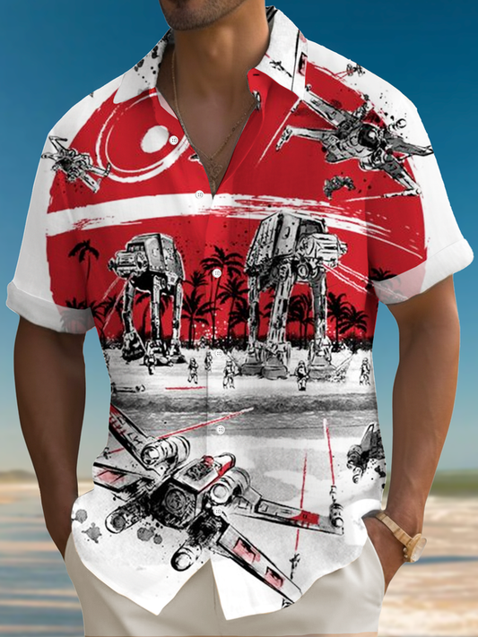 Vintage Star Wars Print Darth Vader Hawaiian Shirt Men's Button Pocket Short Sleeve Shirt Big & Tall