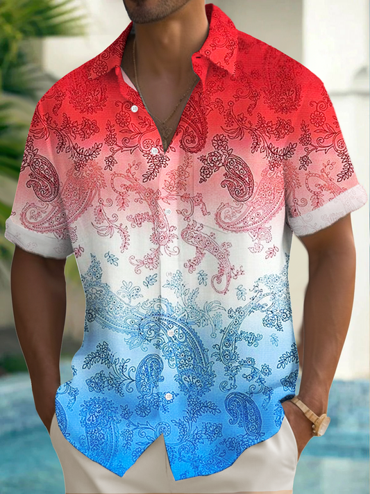 Vintage American Flag Print Men's Button Pocket Short Sleeve Shirt