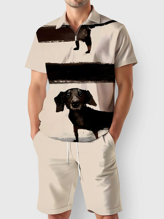Vintage Print Stretch Men's Short Sleeve Polo Shirt Set