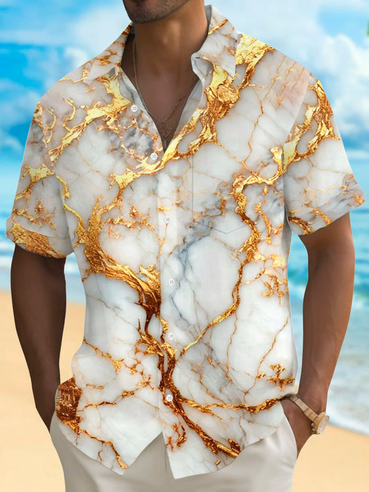 Vintage Gold Abstract Art Print Men's Button Pocket Short Sleeve Shirt