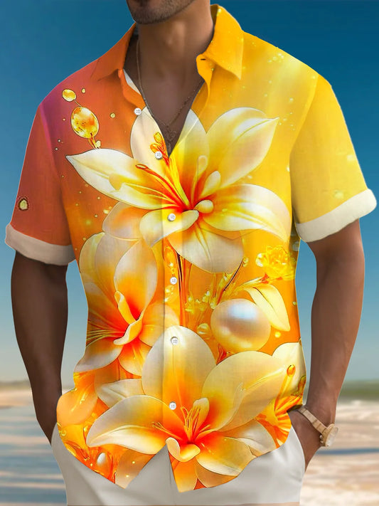 Gradient Floral Art Men's Button Pocket Short Sleeve Shirt