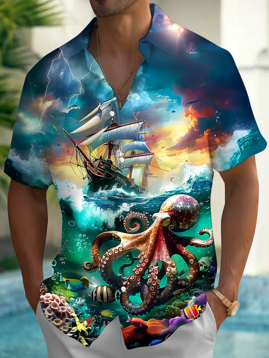 Summer Tropical Men's Button Pocket Short Sleeve Shirt