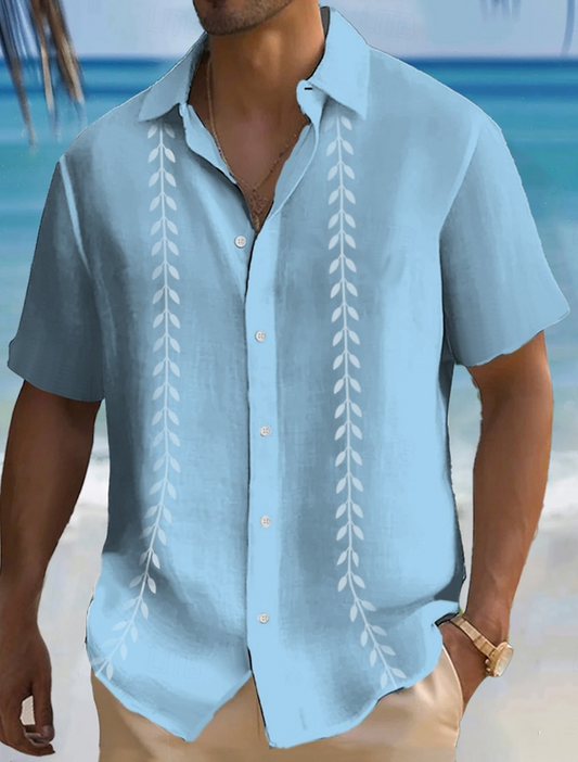 Men's Hawaiian Guayabera Shirt Leaf Print Pocket Camping Shirt Big Tall