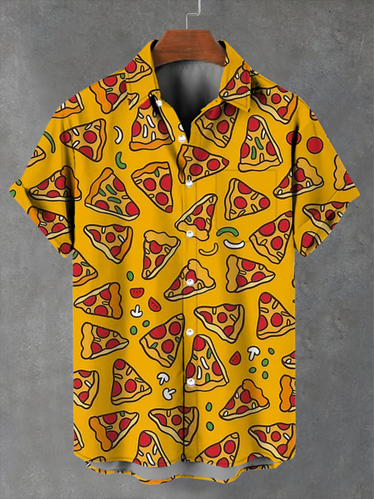 Vintage Retro Pizza Print Men's Button Pocket Short Sleeve Shirt Big & Tall
